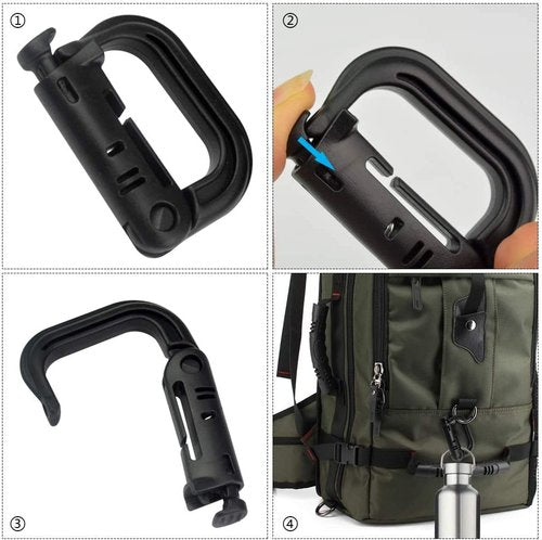 HOUSON 12 Pack Tactical Multipurpose Carabiner Clip, Tactical Small D-Ring Shape Locking Hanging Hook Clips for Molle Webbing Outdoors Bag Backpack with Snap Keychain Button Fast Latch System (Black)