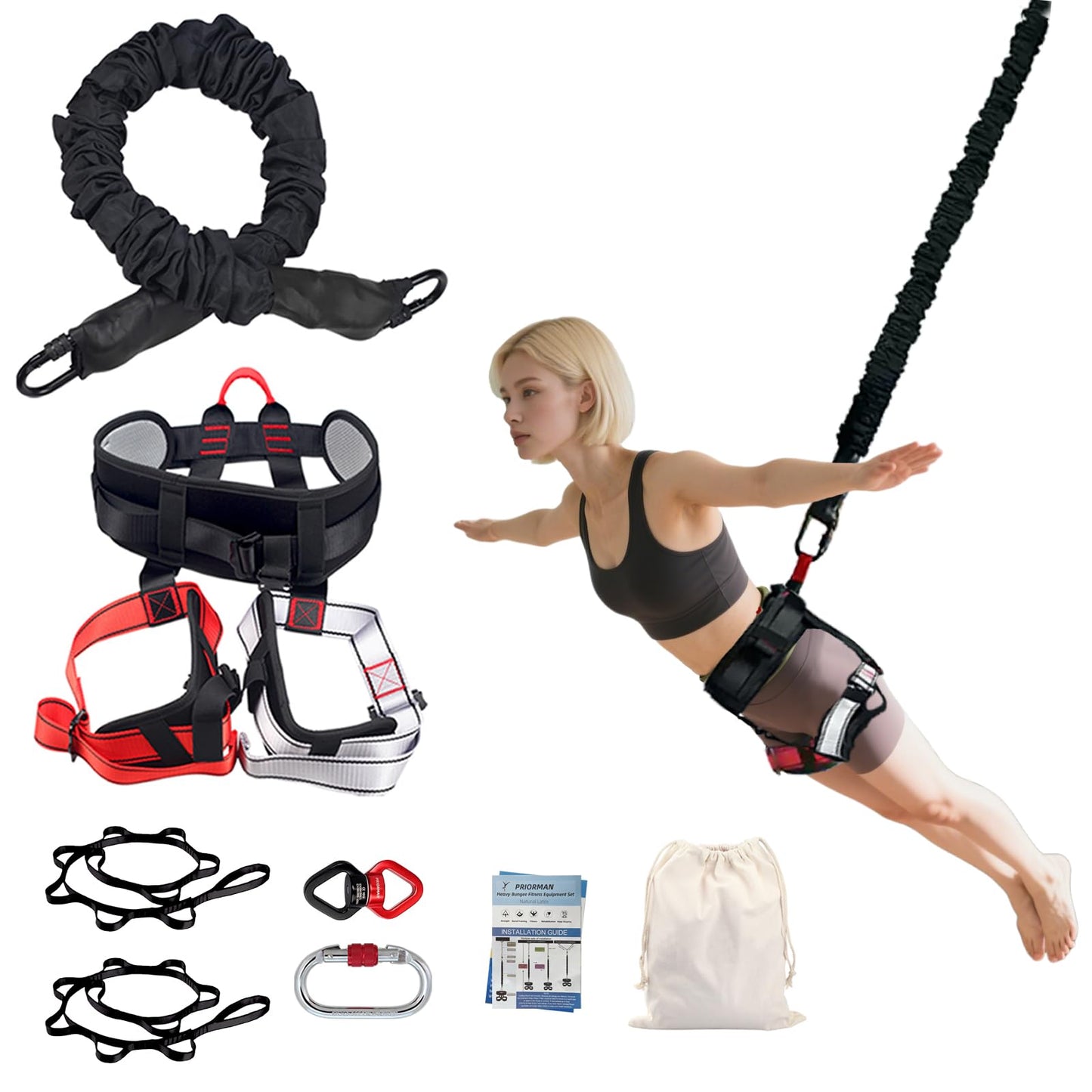 PRIORMAN Bungee Fitness Set, Heavy Resistance Band Set, Professional 4D Yoga Bungee Rope Workout Equipment W/6 Sizes, for Home Gym Training & Fitness(Not for Extreme Sports)(M 132-154 lbs)