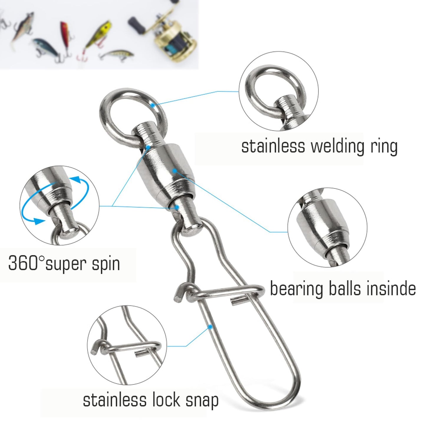 AMYSPORTS Duo Lock Snap Fishing Swivels Stainless Barrel Swivels Fishing Lure Snap Swivels Ball Bearing Swivels Fishing Tackle for Saltwater Fishing Freshwater Fishing 50pcs 27lbs