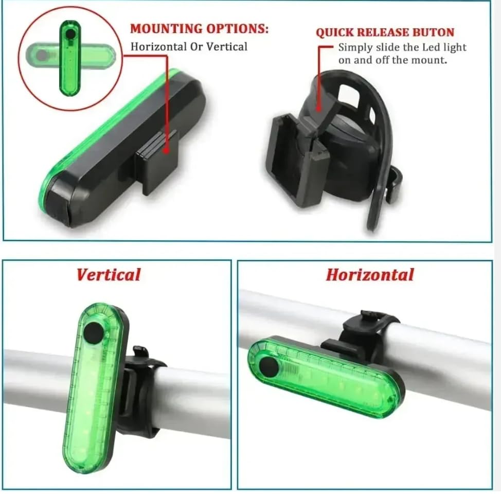 2 pcs Green LED Bike Tail Light, Rear Bike Back Lights for Night Riding, Great Battery Life, Easy to Install On Any Bike or Helmet, USB Rechargeable