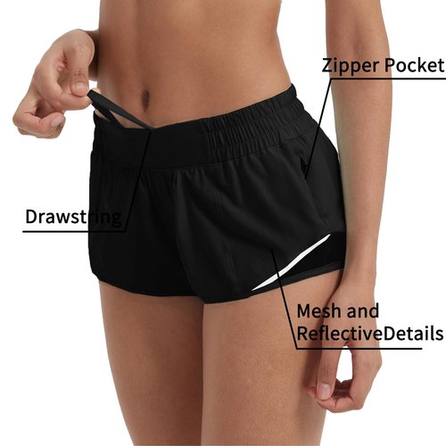 Husnainna Athletic Running Shorts for Women 2.5'' with Zipper Pockets and Mesh Liner Yoga Gym Workout H027-Black-D10L