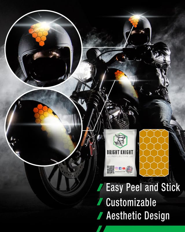 Bright Knight Reflective Tape Hexagon Hard Hat Reflective Stickers. 1" Gold Motorcycle Helmet Stickers Made with 3M Reflective Tape. Vinyl Waterproof Reflective Stickers to Stay Visible at Night.