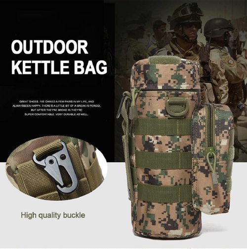 Camouflage Tactical Water Bottle Pouch with Strap, Multi-Purpose Outdoor Sports Drink Holder for Hunting, Fishing, Camping, Hiking (Khaki)