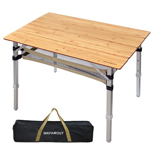 WKFAMOUT Bamboo Folding Camping Table 4 Folds with Adjustable Aluminum Legs Portable Picnic Table with Storage and Carry Bag for Outdoor Hiking Beach 2-4 Person