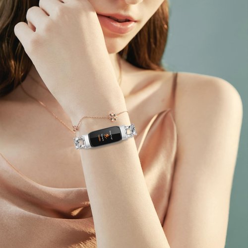 Yimofy Metal Band Compatible with Fitbit Luxe Bands for Women Shiny Rhinestone Bracelet Strap Adjustable Replacement Bands for Fitbit Luxe Tracker (Silver)