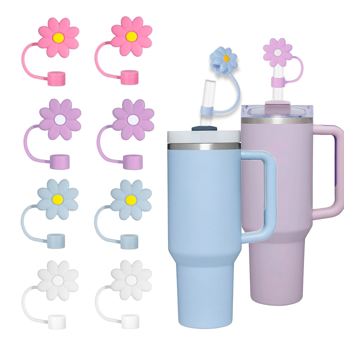 Greant 8 PCS Flower Silicone Straw Cover，Dust Proof Straw Topper for Stanley Cup, 0.4 in Straw Caps fit 10mm Straw for Stanley Adventure Quencher, 4 Colors, STCAP8