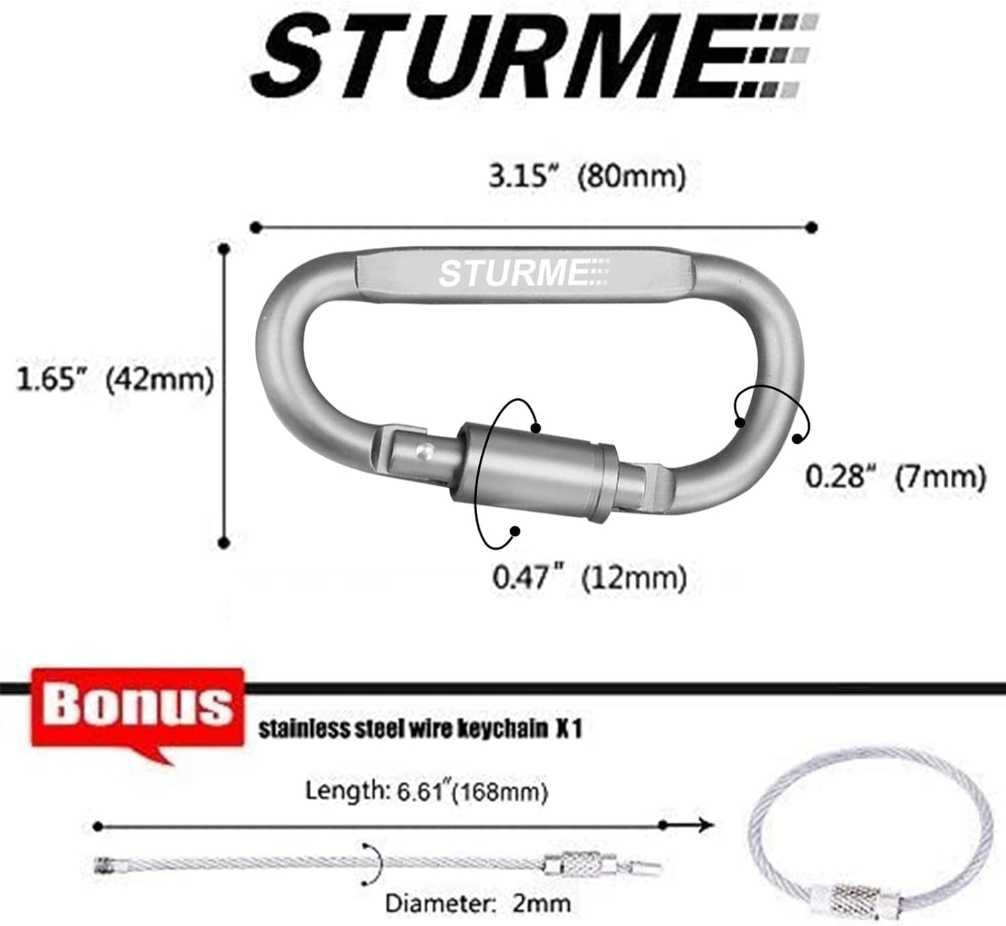 STURME Carabiner Clip Aluminum D-Ring Locking Durable Strong and Light Large Carabiners Clip Set for Outdoor Camping Screw Gate Lock Hooks Spring Link Improved Design Pack (9 Pack)