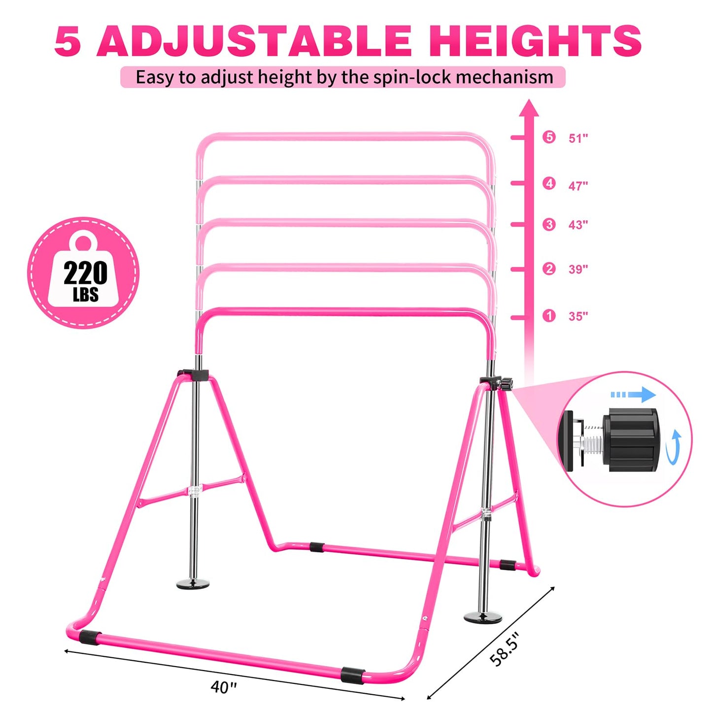 Bighaki808 Gymnastics Bars Kids Training Bars for Home, Folding Horizontal Bars with Adjustable Height Expandable Gymnastics Equipment Junior Kip Bar for Girls & Boys (Pink)