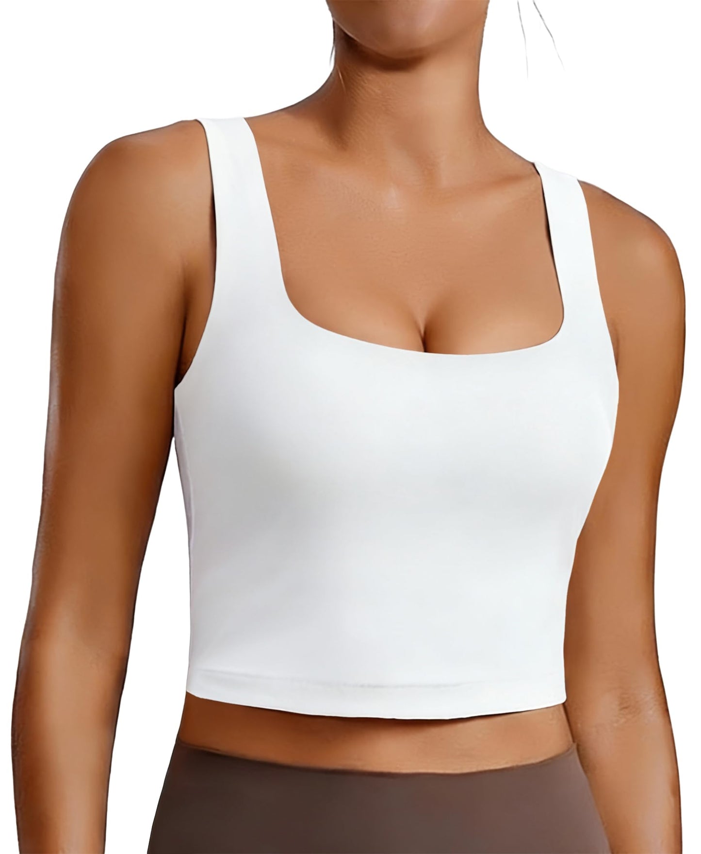 PINSPARK White Sports Bras for Women Wirefree Padded Tank Tops Square Neck Sport Bra Longline Yoga Tops Workout Crop Tank Built in Bra Light Support Large,White