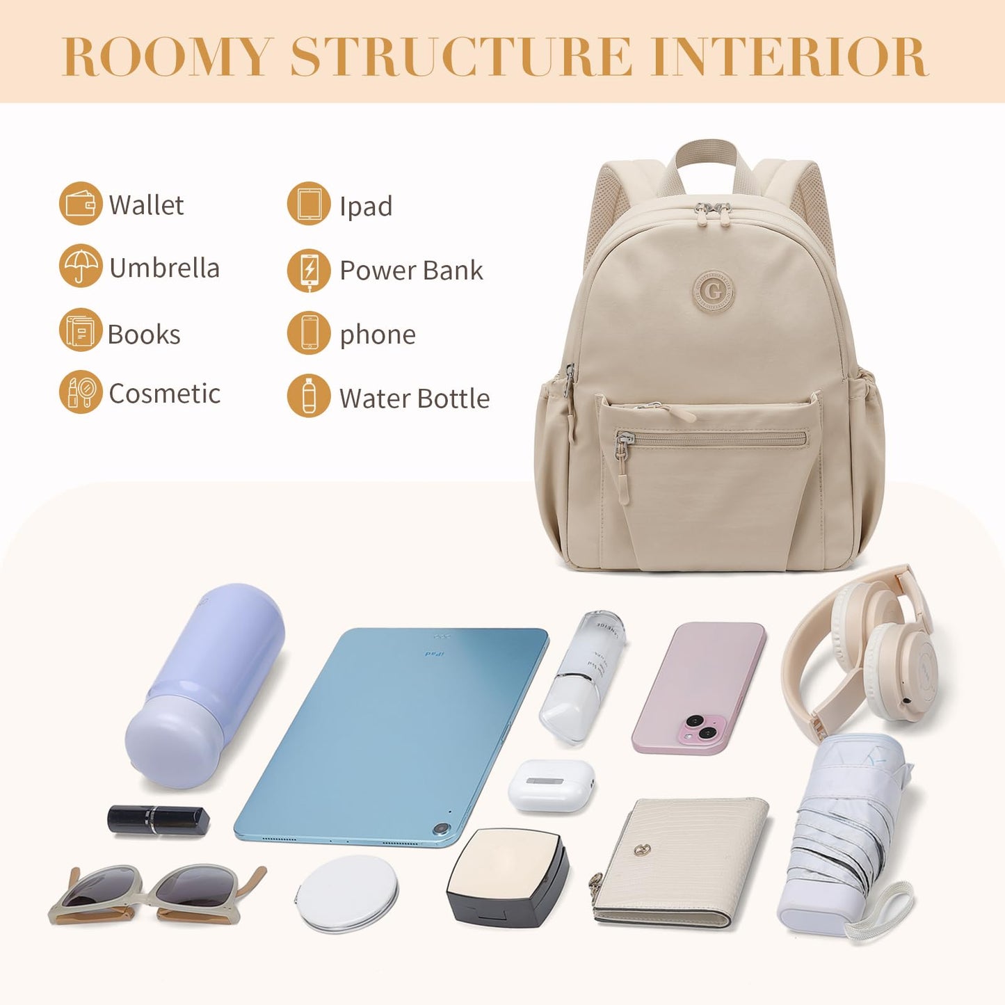 GOLF SUPAGS 10L Mini Backpack Lightweight Nylon Daypack for Women, Small City Pack, Versatile Ladies Backpack for Shopping & Travel, Apricot