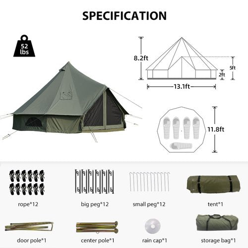 WaldZimmer Canvas Bell Tent 13.1ft Green with Pre-Cut Stove Jack, Spacious 4m Family Yurt Tent for 4-5 Person, 4 Season Water-Repellent Tents with Zipped Removable Floor for Camping and Glamping