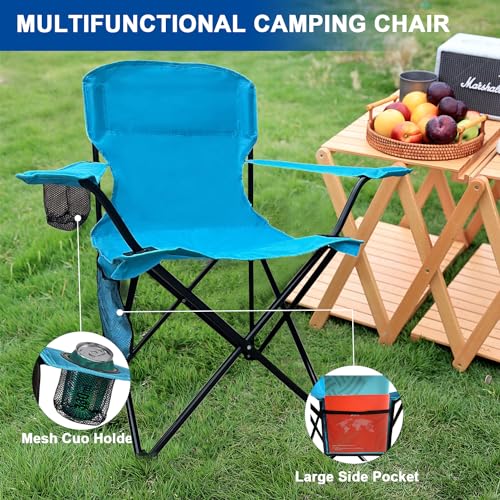 SAILARY Folding Camping Collapsible Chairs Heavy Duty Lawn Chair with Cooler Bag, Storage Pocket, Waterproof Bag Outdoor Arm Chair, Supports 225LBS, Blue