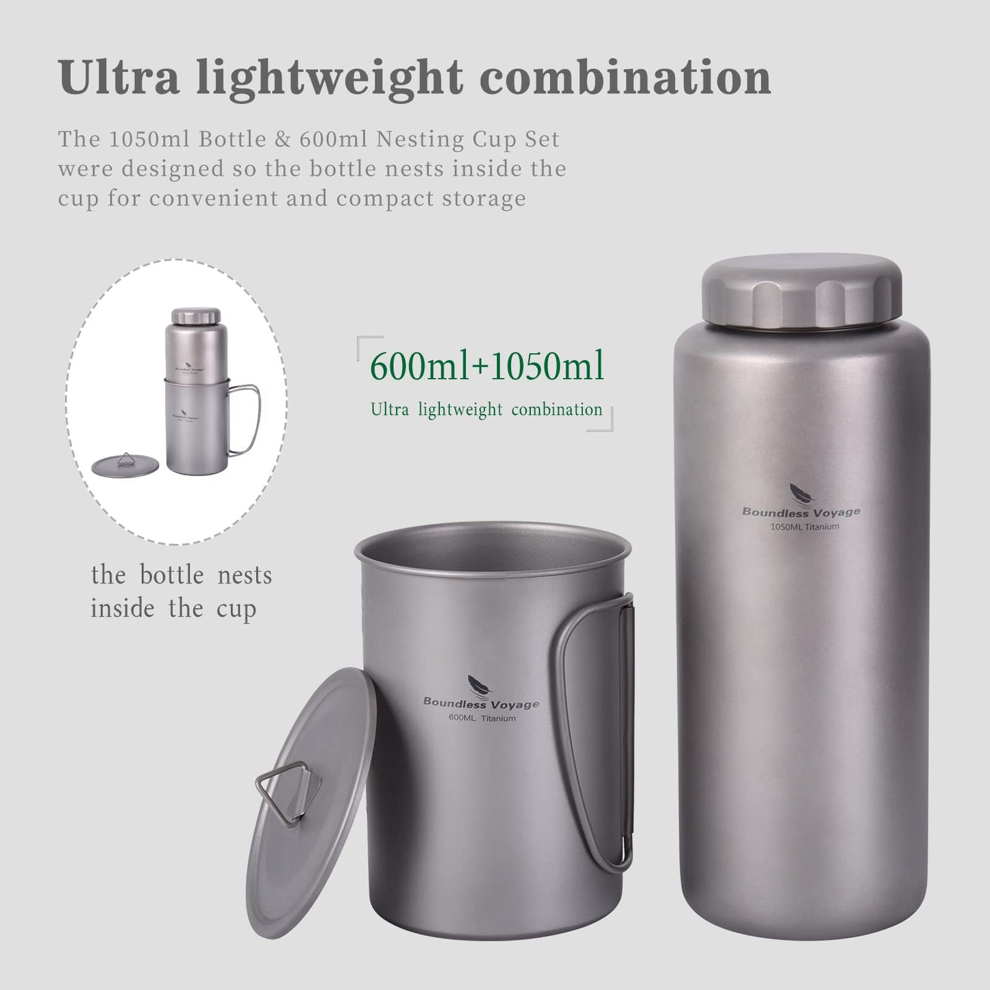 iBasingo 1050ml Titanium Bottle with 600ml Nesting Cup Outdoor Camping Single Layer Wide Mouth Cookware Lightweight Portable Bottle Mug Set Hiking Picnic Solo Cooking Mess Kit Ti3007D