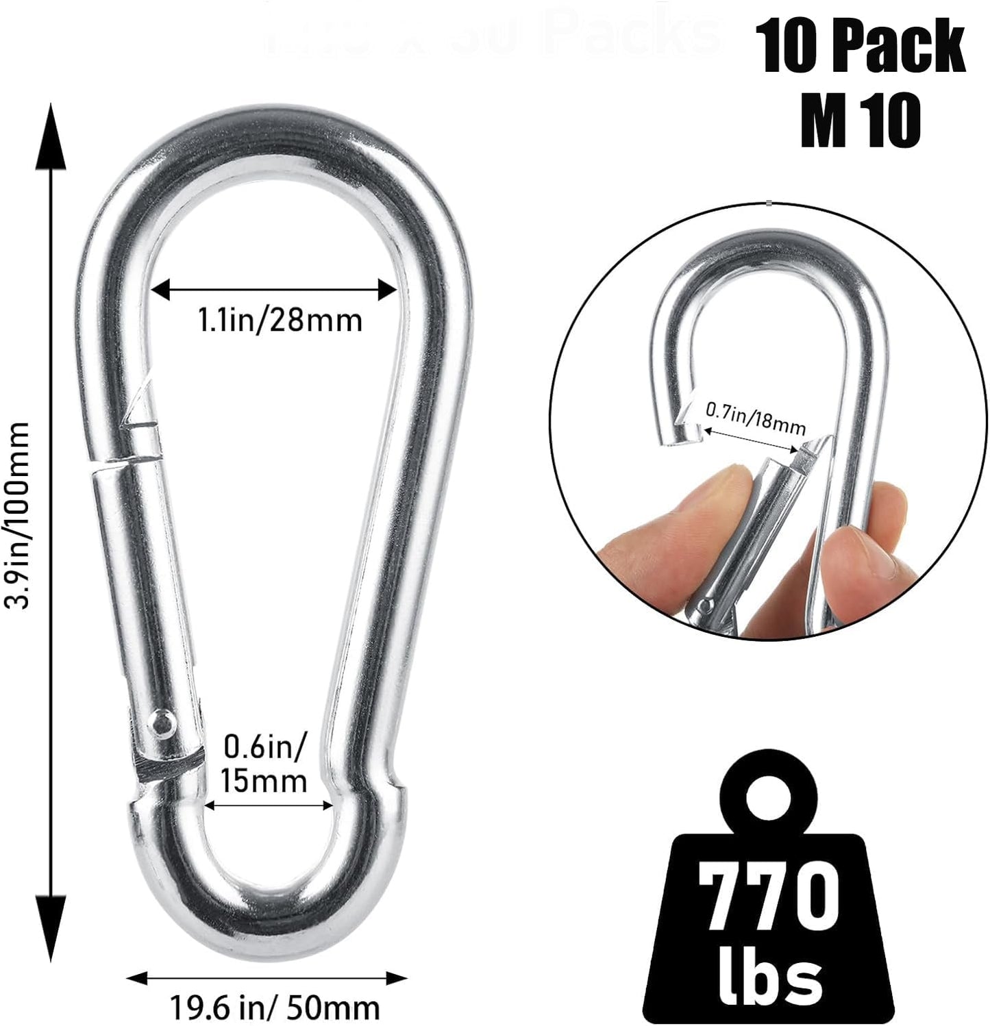 10 PCS M10 Spring Snap Hook Heavy Duty 4 Inch 304 Stainless Steel Carabiner Clip 770lbs Capacity Keychain Quick Links, 10mm Quick Carabiner Clips for Backpack, Hammocks, Camping and Swing
