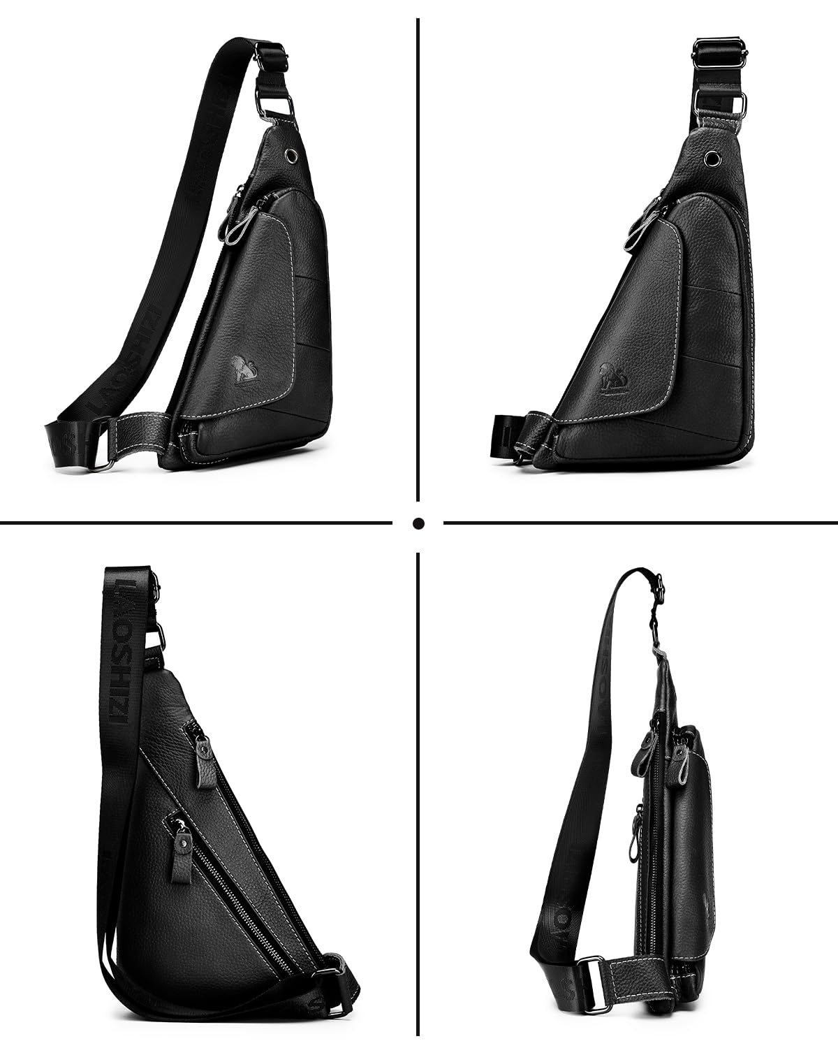 pundarika Genuine Leather sling bag for men women casual crossbody backpack small shoulder bag chest bag-Black