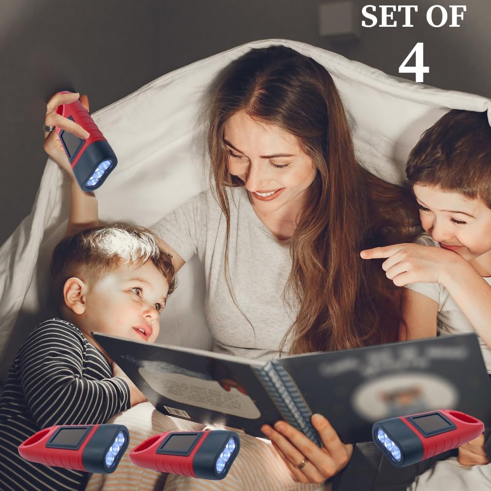 Hand Crank Emergency Flashlights - 4 Pack LED for Camping, Home & Car