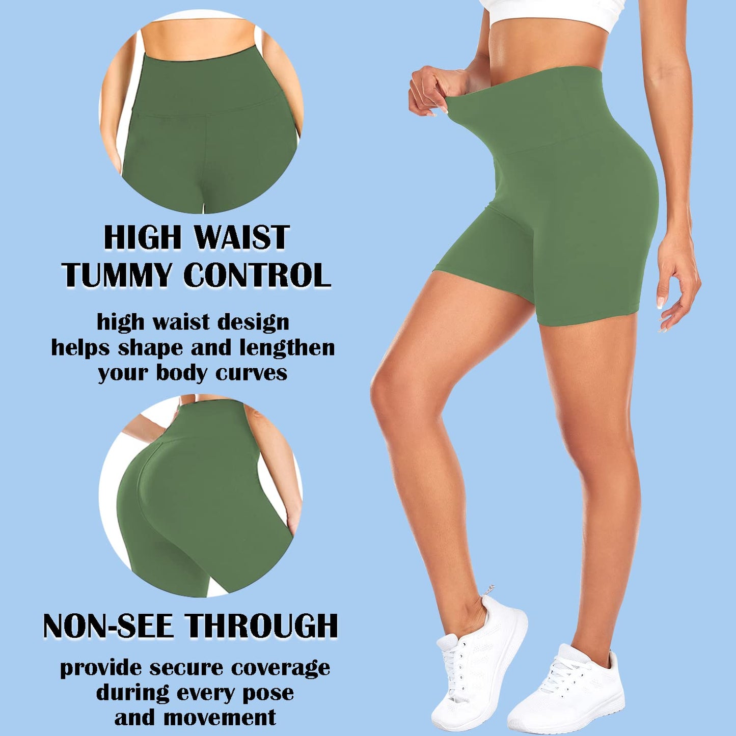 FULLSOFT High Waisted Biker Shorts for Women-5" Tummy Control Fitness Athletic Workout Exercise Shorts for Women Running Yoga Gym Soft Work Out Shorts Ropa Deportiva para Mujer (Tea Green,S-M)
