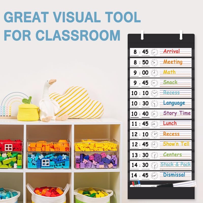 TOGETRUE Classroom Schedule Pocket Chart, Double Sided Daily Schedule with 18 Erasable Cards, 13+1 Pockets, Visual Pocket Chart for Classroom, Home, Office, 35.5" X 13"