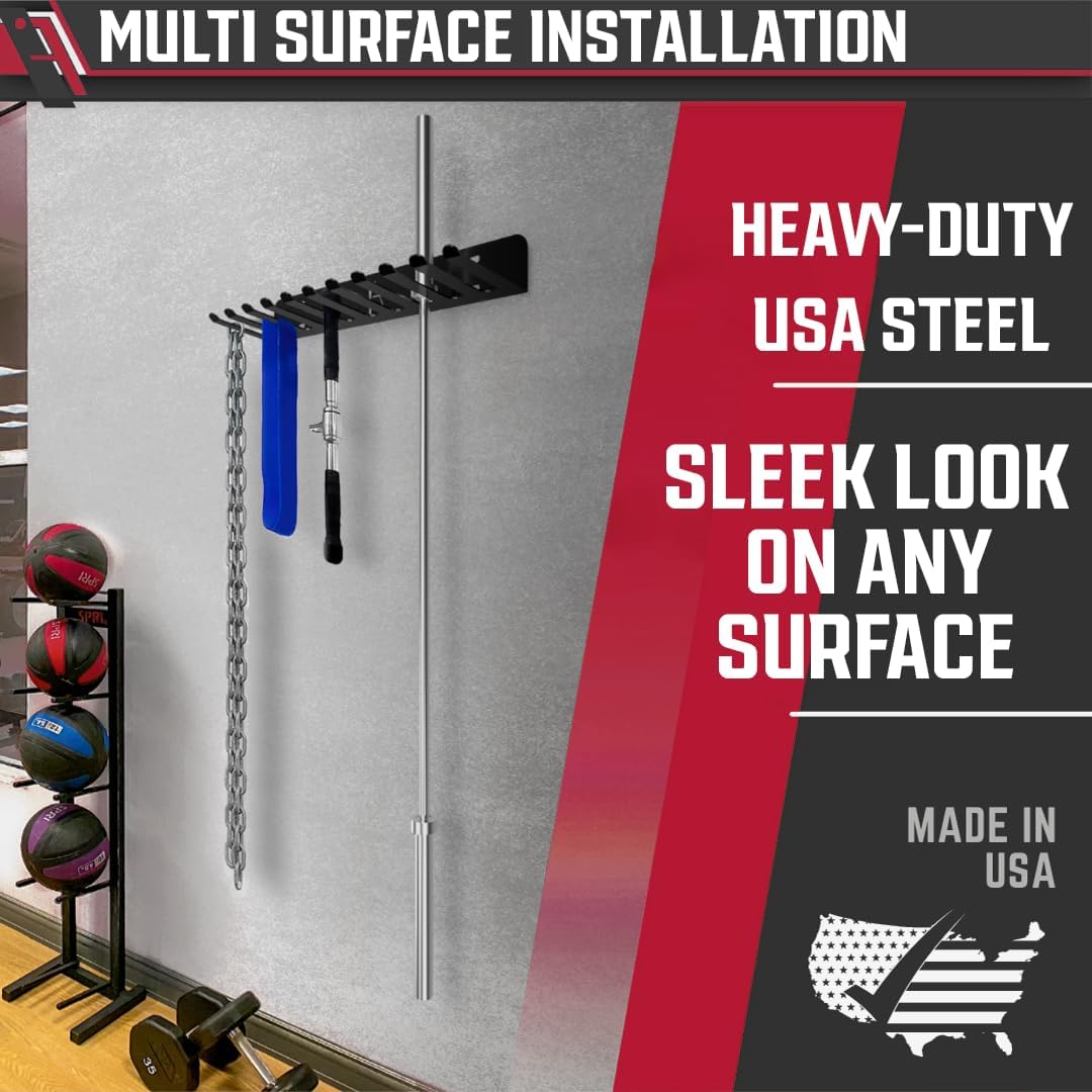 IRON AMERICAN) Gym Storage Hanger/Heavy Duty Multi-Purpose Gym Rack for Lifting Belts, Chains, Exercise Bands, Jump Ropes (mounting hardware included)