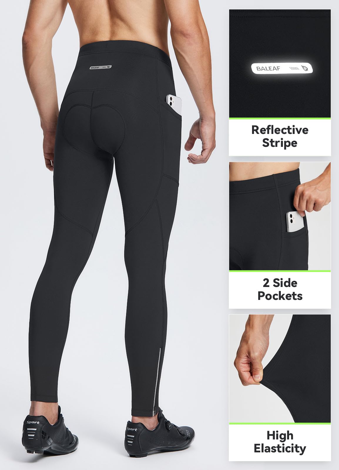 baleaf Men's Thermal Cycling Pants, 4D Padded Winter Bike Tights Fleece Lined Bicyble Riding Leggings Black S