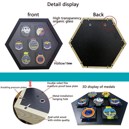 Wooden Medal Hanger Display, 7 Medal Display case，Large Medals Display Shadow Box for Medals Earned Through Triathlons, Gymnastics, Football, Basketball, Running, Swimming, Games(Black, 18"x16")