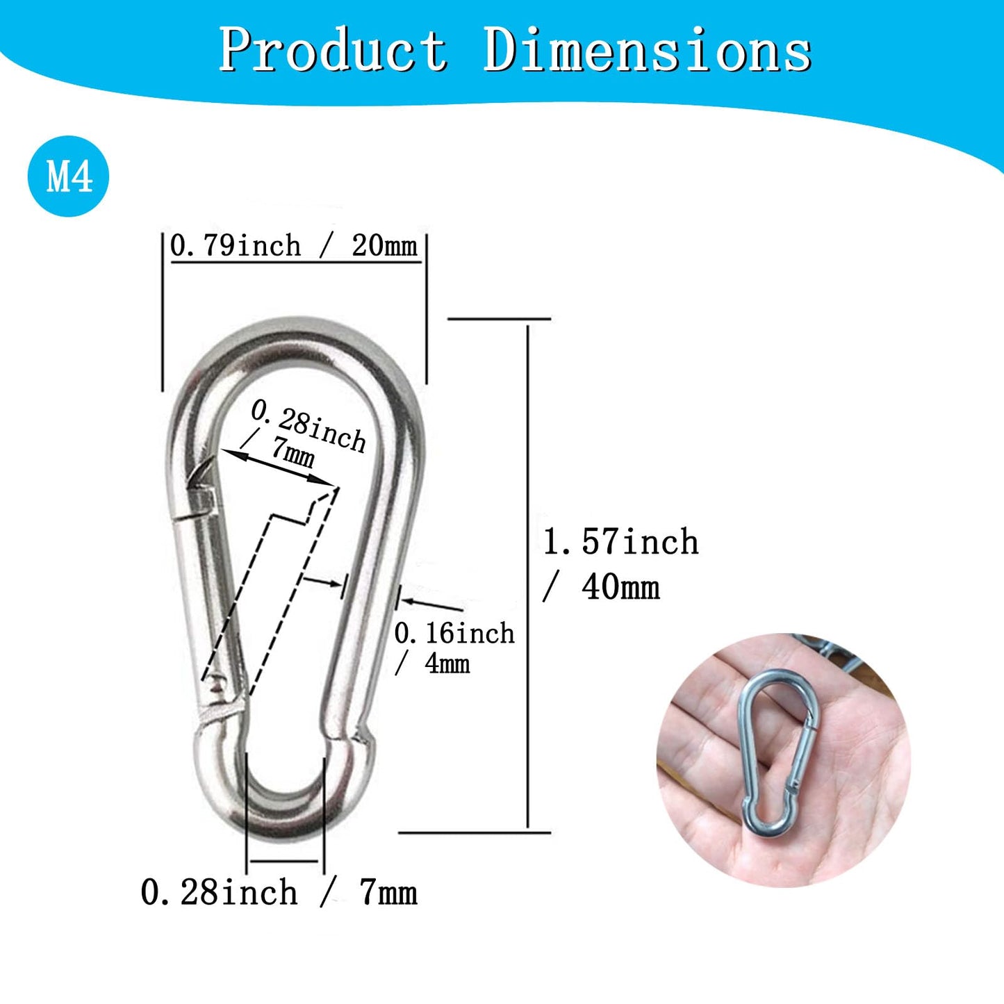 30PCS 304 Stainless Steel Carabiner Clip, Spring Snap Hook M4 1.57 Inch Small Keychain for Keys Swing Set Camping Fishing Hammock