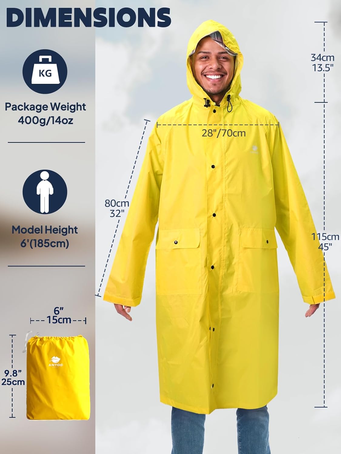 ANYOO Hood Rain Poncho Waterproof Lightweight Raincoat for Men Women Adult with Pocket for Hiking Camping Outdoor Activities
