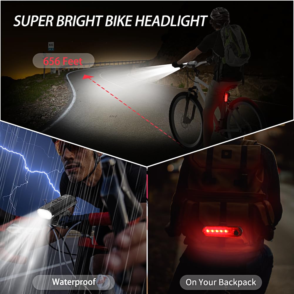 JEWHUN 1200 Lumen LED Bike Lights for Night Riding,Super Bright Rechargeable Bicycle Light,High Low Beam Bike Headlight, LCD Display, 13+4 Modes, Waterproof Front and Rear Bike Light