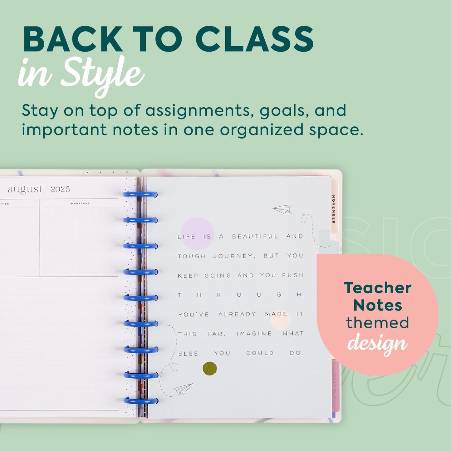 Happy Planner Disc-Bound 12-Month July 2025–June 2026 Planner with 3 Extra Months, Classic Size, Teacher Layout, Teacher Notes, 7" x 9.25”