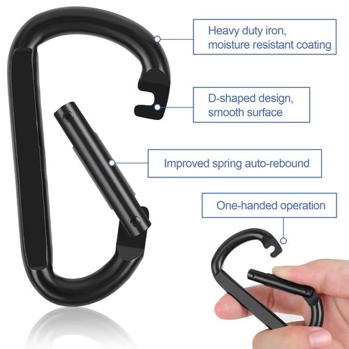Heavy Duty Carabiner Clip by [Brand], 850lbs, 3 Pc Set: D Shaped + 2 Pc Set Gourd Shaped, 6 Key Rings, Spring Hooks Black for Outdoors, Gym, Keychains