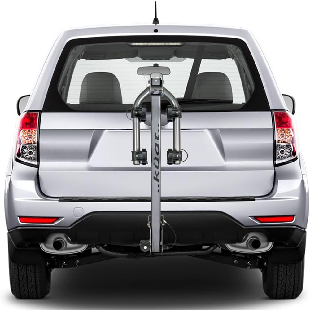 KUAT Beta Hitch-Mounted Bike Rack | Hanging-Style Durable Lightweight Aluminum Powder Coated Folding Tilting-Down Gray Bicycle Car Truck Transportation Hauling Rack | 2 Bike Capacity