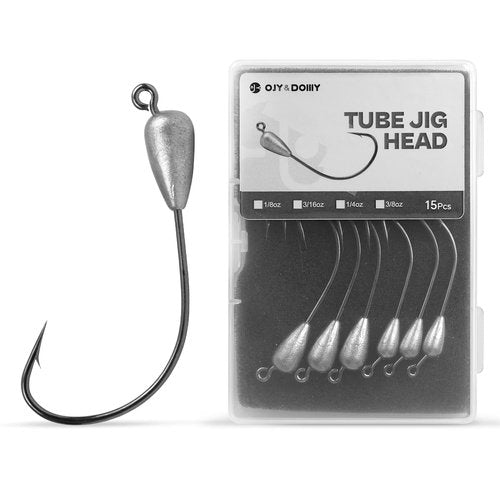 Tube Jig Heads for Bass Fishing 1/16 1/8 3/16 1/4 3/8oz with 3/0 4/0 Hooks (15 PCs)