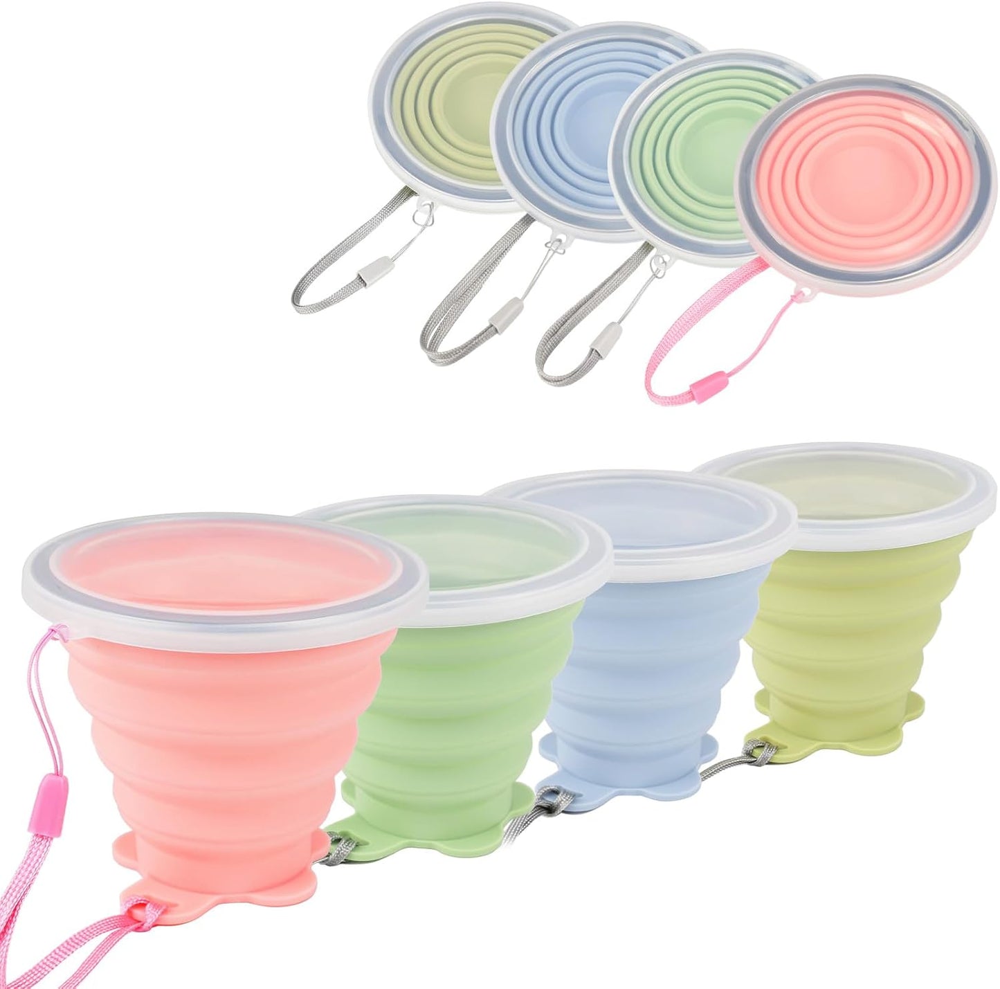 JBER Silicone Collapsible Travel Cup, 4 Pack Silicone Folding Camping Cup with Lids Expandable Drinking Cup Set BPA Free Reusable Portable Graduated for Outdoor Hiking Travel