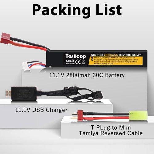 Tosiicop 11.1V Airsoft Battery 2800mAh - Lipo Batteries 30C & XH-4P Connector with T Plug to Mini Tamiya Conversion Cable Rechargeable USB Charger for Airsoft Model Rifle Gel Blaster Accessories