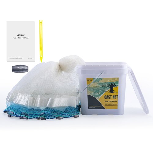 Goture 3/8" Mesh American Fishing Cast Net with Tape, Heavy Duty Olive Lead Sinkers, Dual Color Double Selvage, Increased Cast Area, Fish Throw Casting Net with Needle Saltwater Freshwater