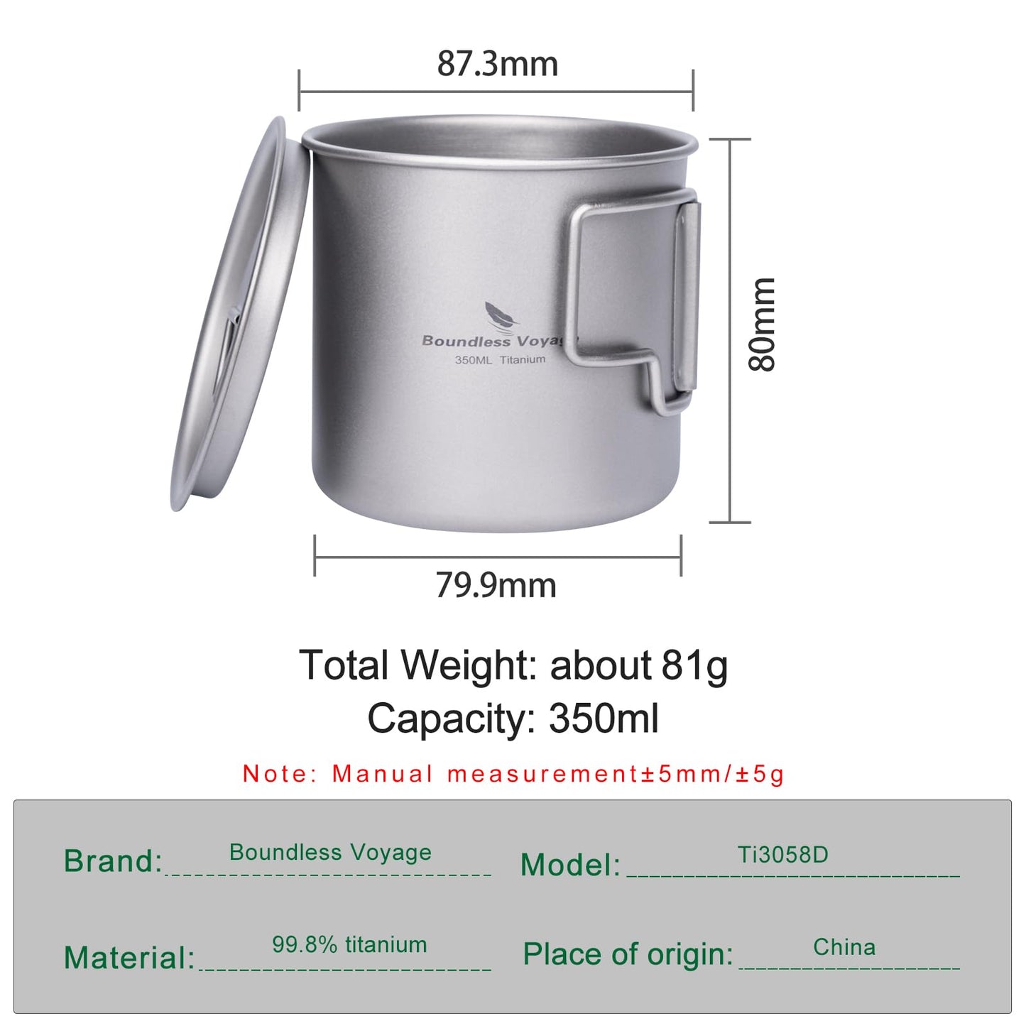 iBasingo 350ml Titanium Cup with Lid Foldable Handle Single-walled Camping Mug Lightweight Portable for Outdoor Drinking Drinkware US-Ti3058D