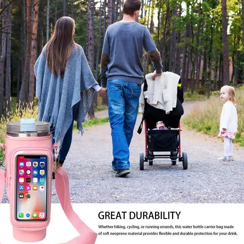 Generic Water Bottle Carrier Bag with Touchable Screen Phone Pocket for Stanley 40oz Tumbler - Neoprene Holder with Adjustable Strap and Straw Cover for Stanley Cup., Pink
