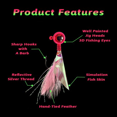 Bombite Crappie Jigs - Hand-Tied Jig Heads with Rainbow Skin Feather, Fishing Lures Kit for Bass, Walleye, Panfish, Sunfish - 1/16oz