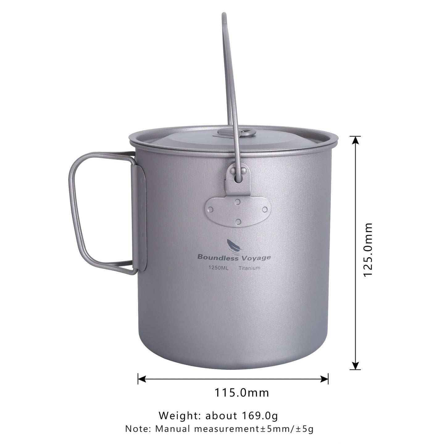 iBasingo 1250ml Titanium Hanging Mug with Lid Tea Coffee Water Cup Outdoor Camping Pot Ultra-light Portable Hiking Backpacking Cooking Kit Picnic Tableware Drinkware with Foldable Handle Ti3042D