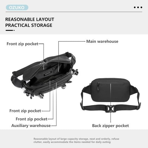 OZUKO Waist Pack Bag Fanny Pack for Men&Women Hip Bum Bag with Adjustable Strap for Outdoors Workout Traveling Casual Running Hiking Cycling(Black)