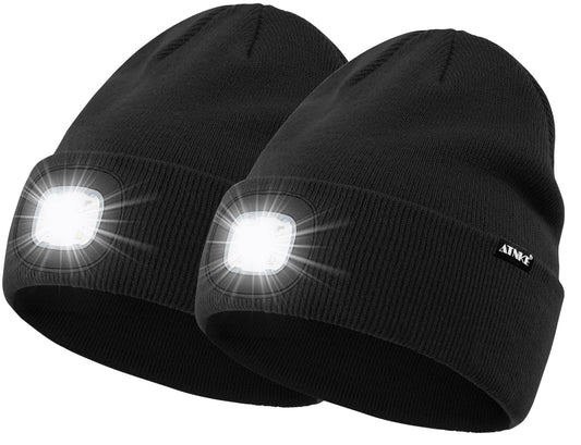 ATNKE 2Pcs LED Lighted Beanie Hat,USB Rechargeable 4 LED Running Headlamp Bright Cap with Light Gifts for Men and Women/#Black