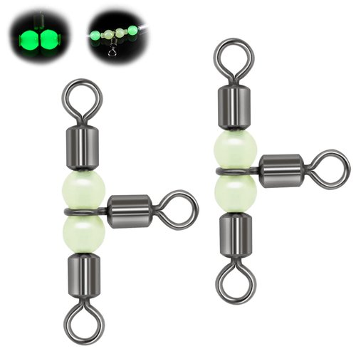 Goture Fishing Swivels,3 Way Swivels Fishing Tackle,T Shape Cross Line Rolling Swivels with Luminous Beads Saltwater Freshwater,Three Way Fishing Swivels Barrel Swivels for Catfish Rig(1 * 2,30pcs)