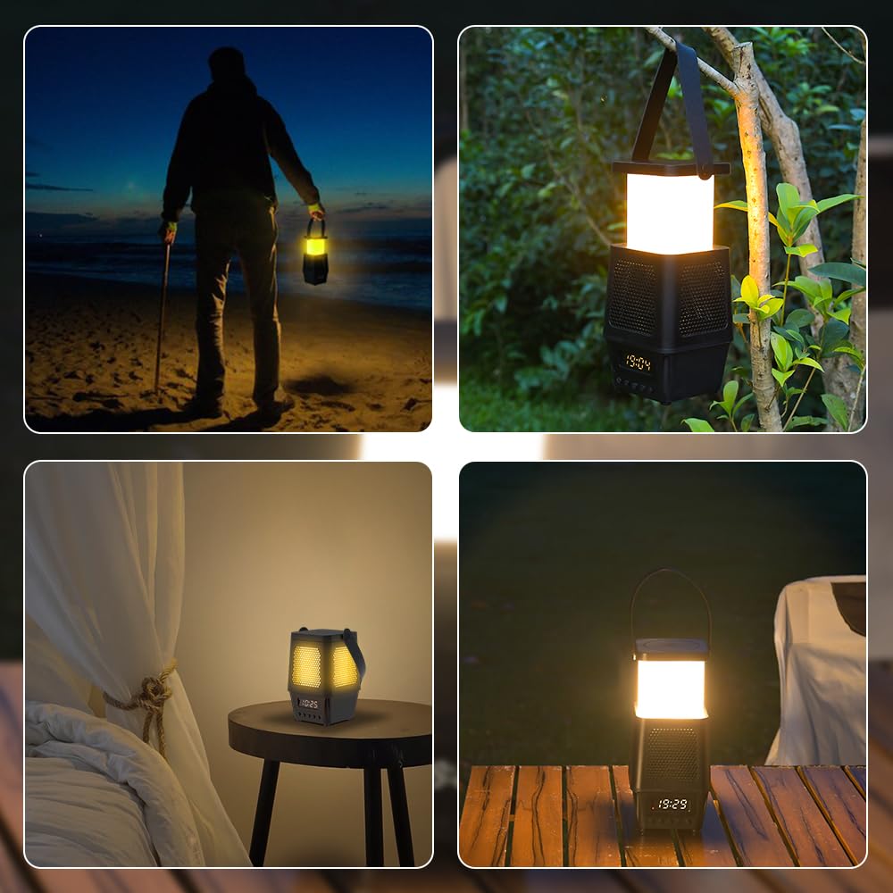 3 in 1 Cordless Camping Lamp,3CCT 7 Dimmable Rechargable Small Lantern with Wireless Bluetooth Speaker,Battery Operated Portable Alarm Clock Lamp