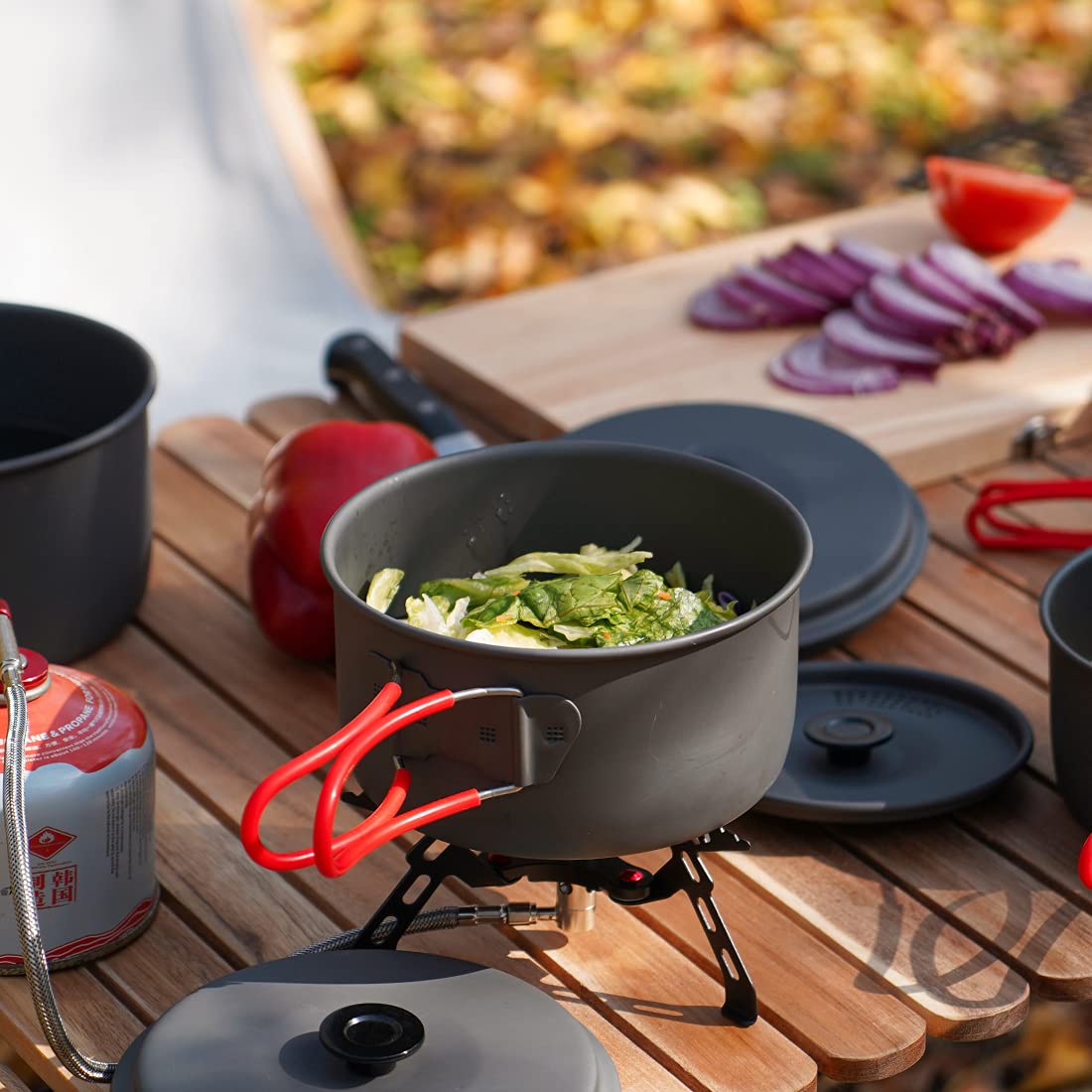 Alocs Compact Camping Cookware Set - Durable Hard Alumina Pots and Pans with Kettle, Ideal for Backpacking, Hiking, Picnic, Includes Mesh Carry Bag