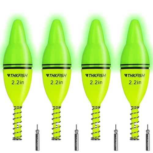 THKFISH 4PCS LED Lighted Fishing Bobbers Fishing Floats for Night, Spring Bobber Float Saltwater Freshwater Lighted Floats Glow for Crappie Walleye Catfish, 2.2", Green