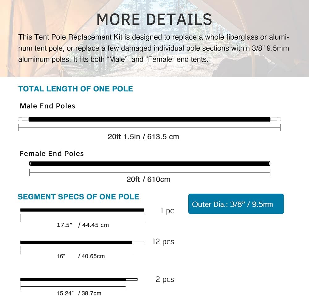 Aluminum Tent Poles Replacement, Fits Both Female and Male Ends, Lightweight Tent Pole Repair Kit, 7001 Aluminum Alloy T6 Heated