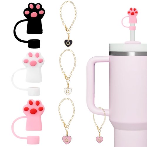 IGAMWAY (3+3) 3PCS Straw Cover Fit for Stanley Cup, 10mm Silicone Straw Topper Protector Lid with 3PCS Initial Name ID Letter Charm Compatible for Stanley Tumblers Accessories-Q