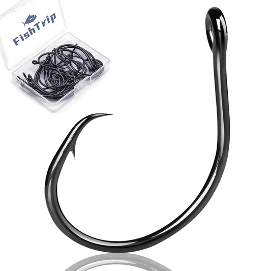 FishTrip Inline Circle Hooks Saltwater - Fishing Catfish Hooks 25pcs Black/Wide Gap/Non-Offset for Bass Salmon Striped Size 4#