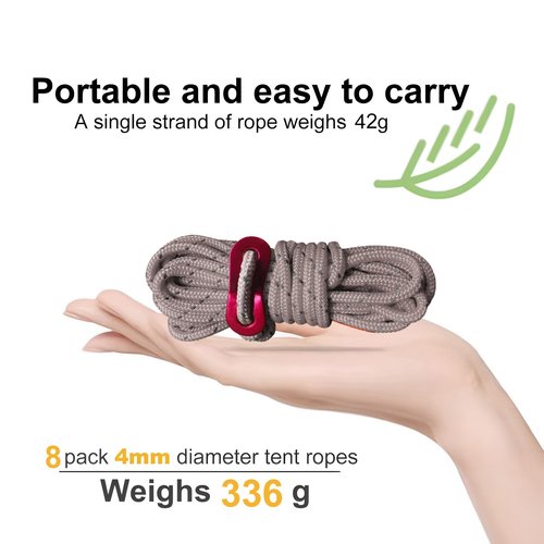 Smithok 8 Pack High-Reflective Guy Lines 4mm Tent Cords High-Strength Lightweight Camp Ropes with Aluminum Adjuster Tensioner for Tent, Tying Down Tarps, Camping, Outdoor Packaging (Khaki)