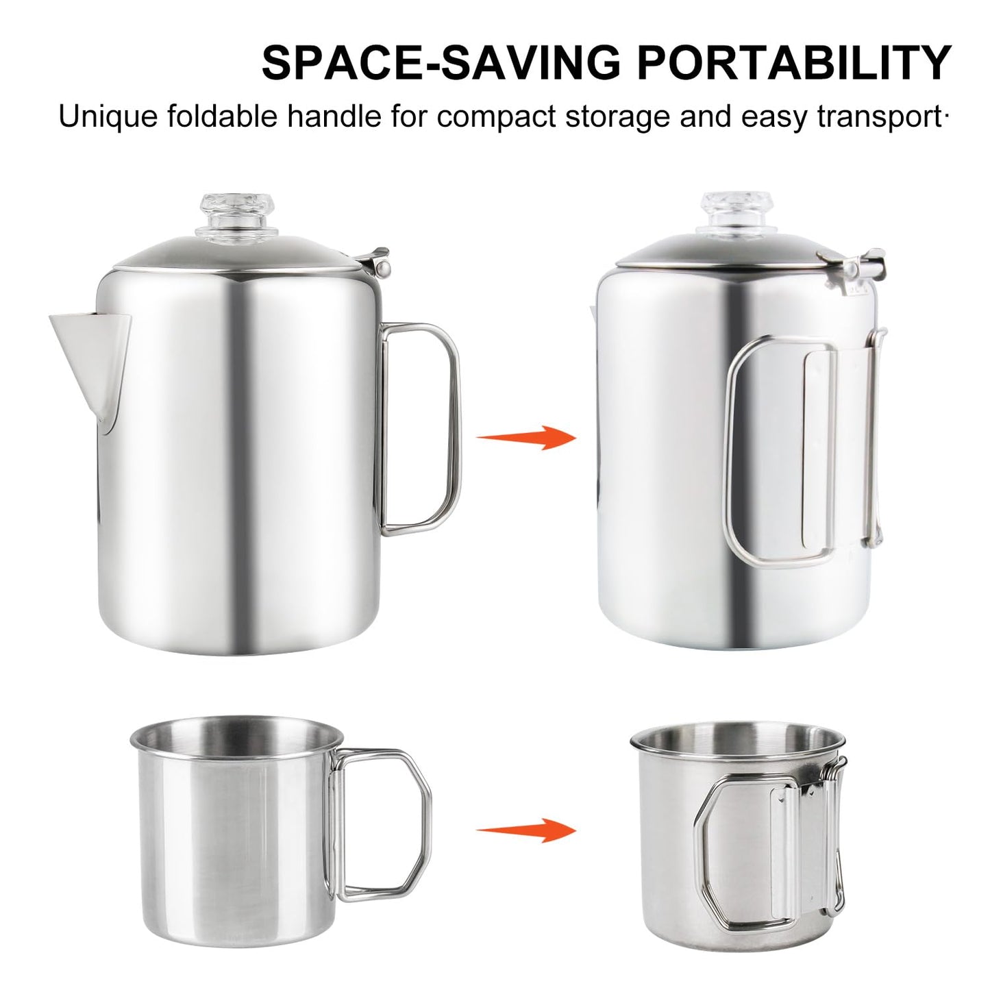 APOXCON Coffee Percolator Bundle with 2 Mugs Stainless Steel Coffee Maker with Heat Resistant Tough Glass Knob & Foldable Handle Using on any Stovetop Outdoor Camping NO Aluminum NO Plastic (8 Cup)
